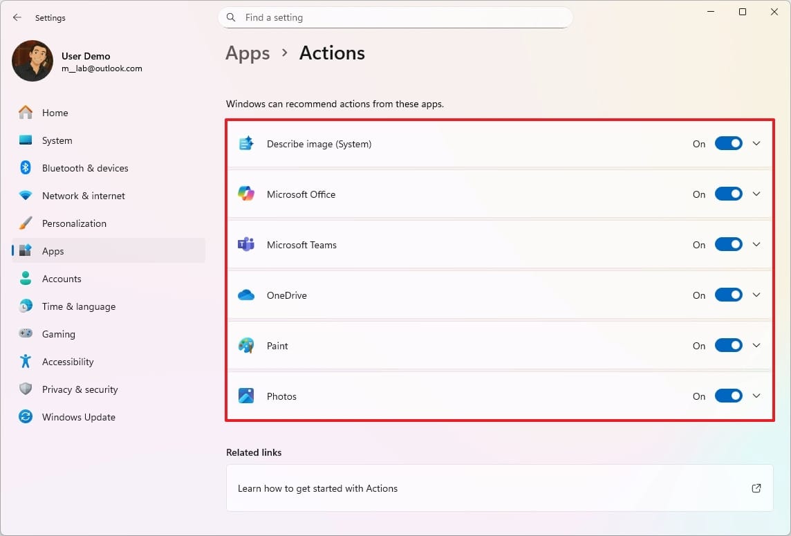 Imagen de las Acciones en las apps de Windows