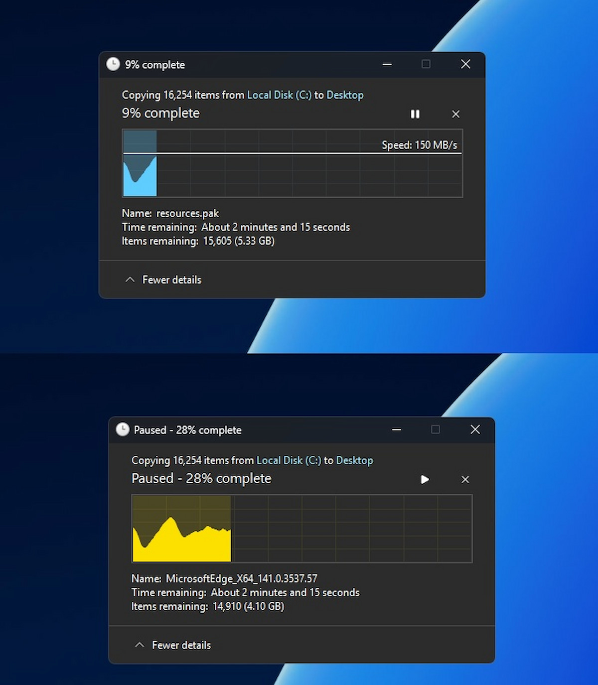 Imagen de cómo luce la barra de transferencia de archivo en Windows 11 con el modo oscuro