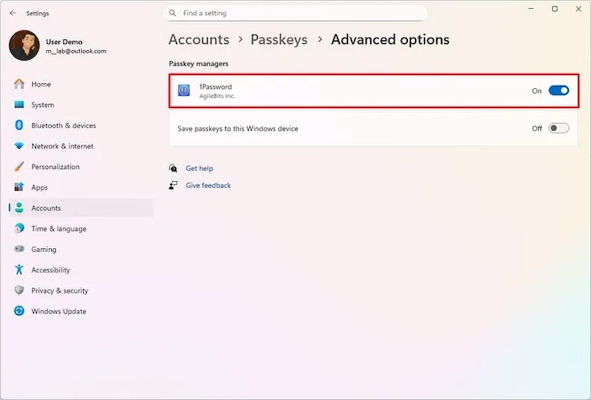Imagen de la opción de Claves de acceso de Windows 11