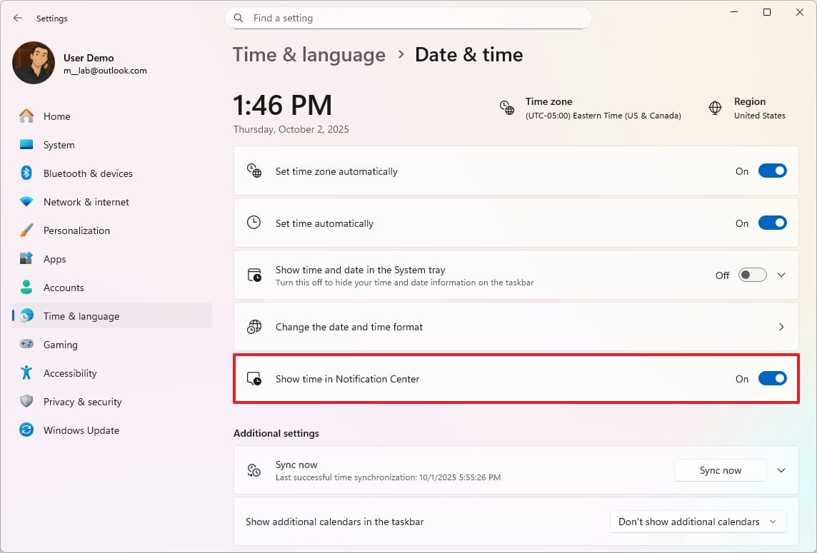 Imagen de la configuración de Hora y fecha en Windows 11