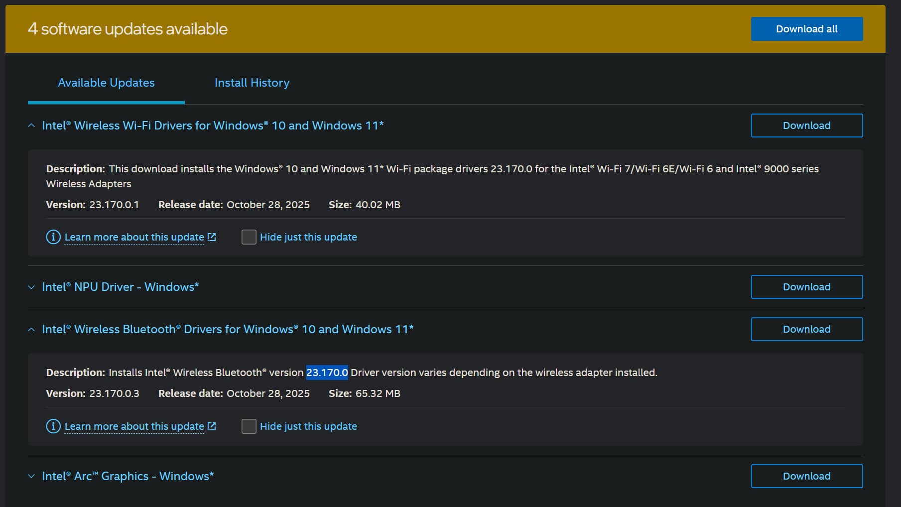 Imagen del Asistente de Intel para instalar controladores