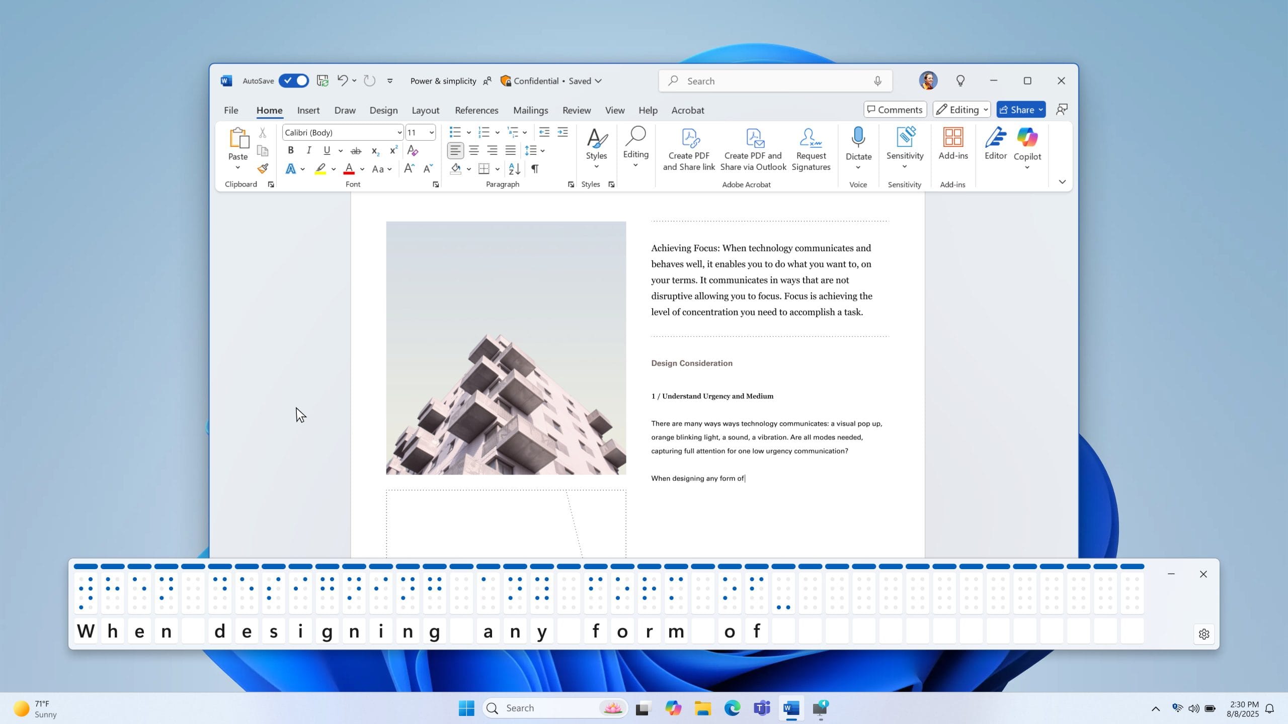 Imagen en la que se muestra la mejora Braille al Narrador de Windows