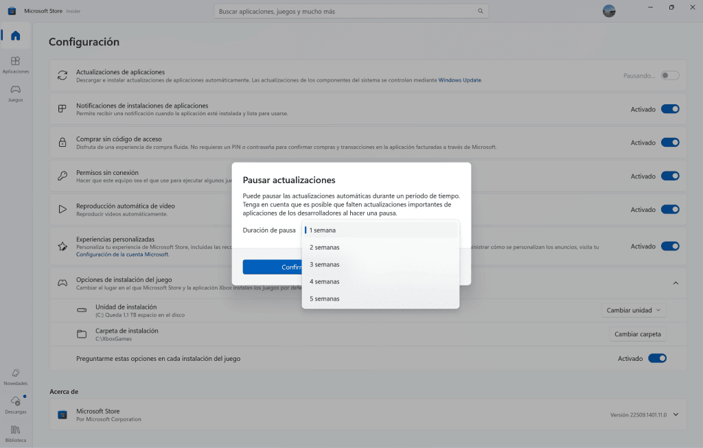 Podremos pausar las actualizaciones de la Microsoft Store hasta una semana