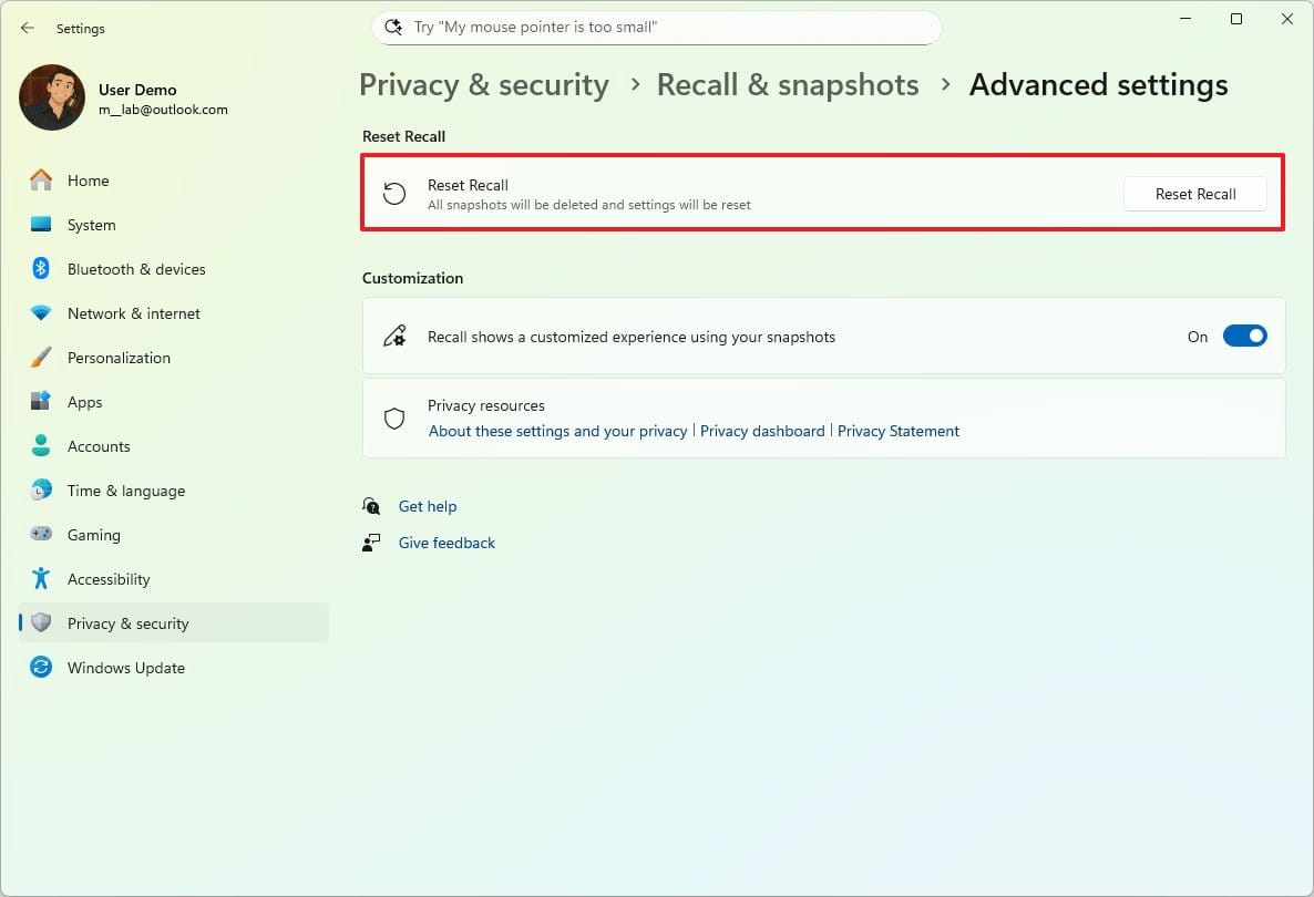 Imagen del restablecimiento de Windows Recall