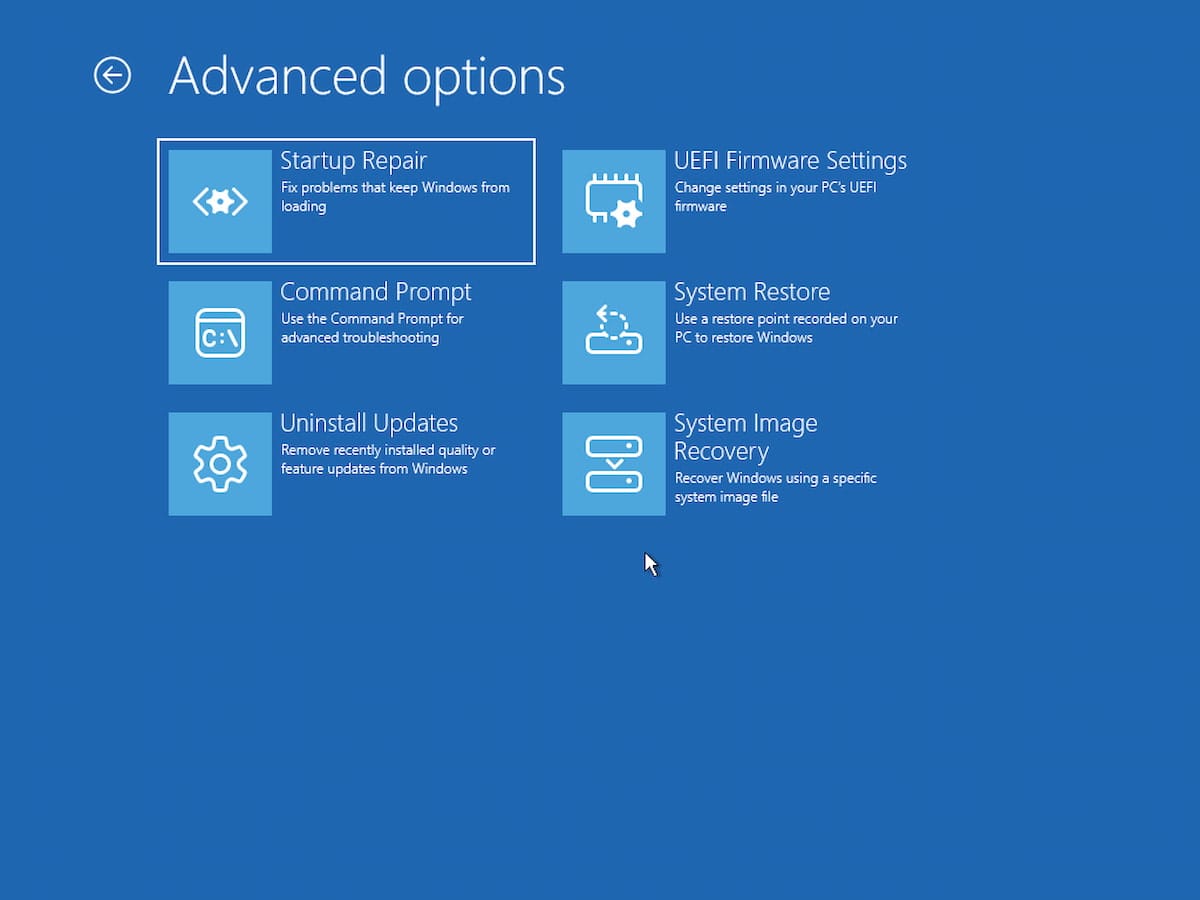 Imagen del entorno de recuperación de Windows