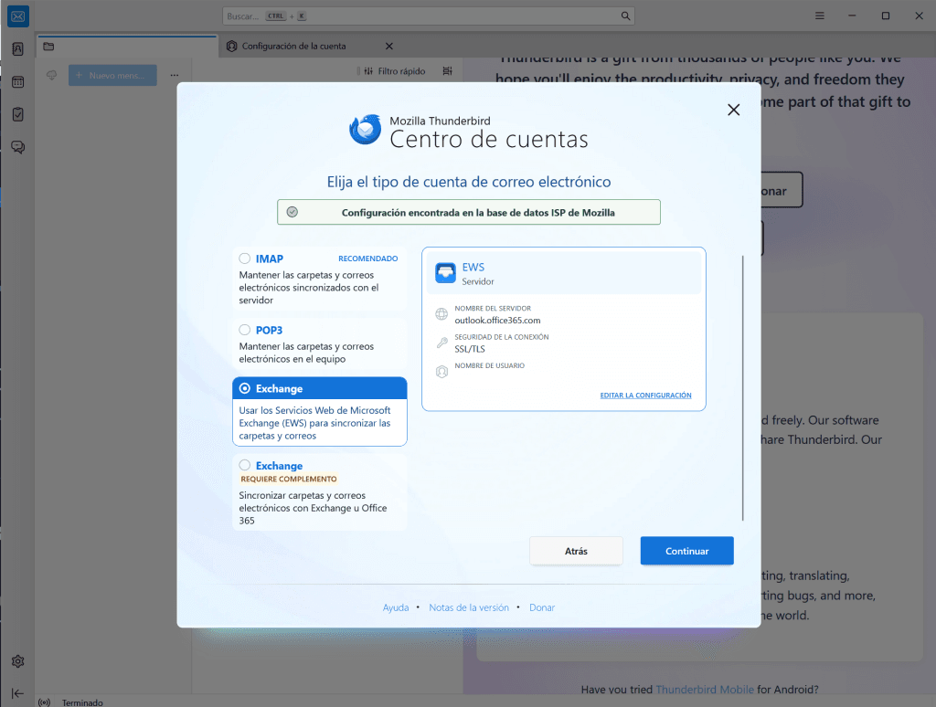 La nueva configuración de Exchange en Thunderbird