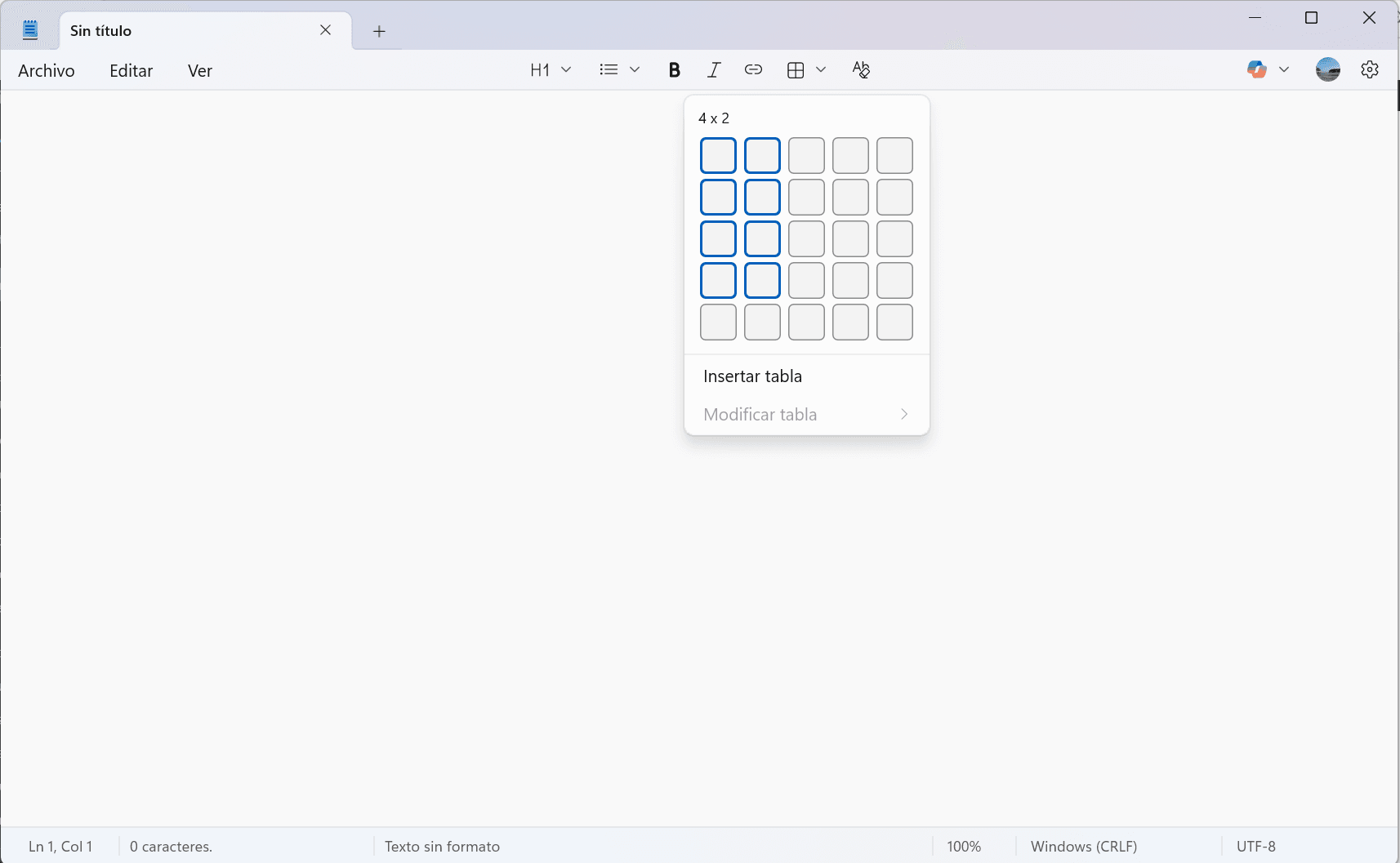 Las nuevas tablas en el Bloc de Notas