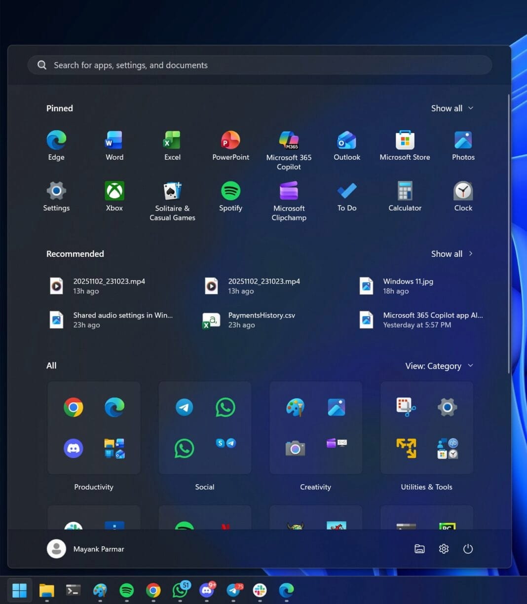 Imagen del nuevo menú inicio de Windows 11