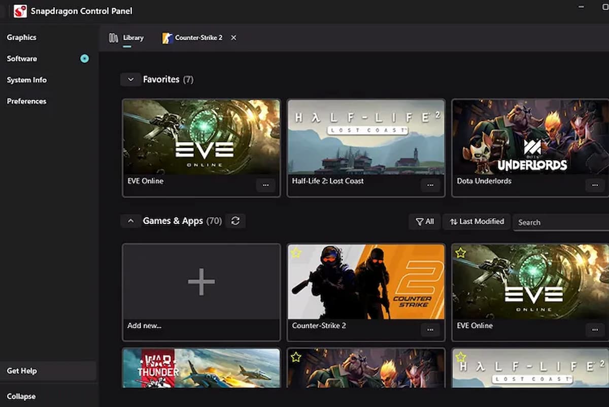 Imagen de la interfaz del nuevo Panel de Control Snapdragon