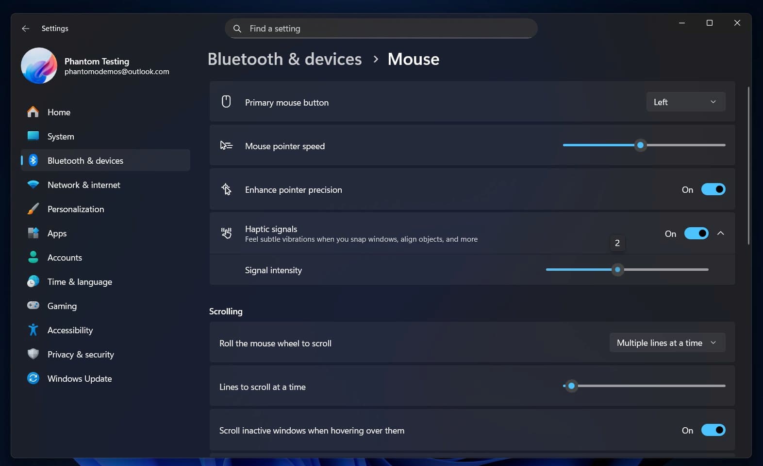 Imagen de la Configuración de Windows 11 mostrando la respuesta háptica