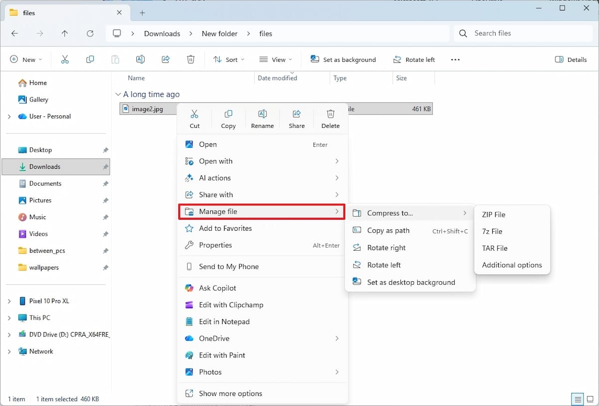 Imagen del nuevo submenú en el menú contextual del Explorador de archivos en Windows 11