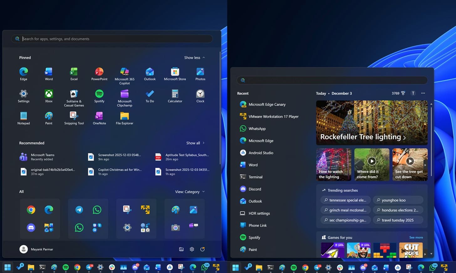 Imagen en la que se compara la antigua interfaz de búsqueda de Windows 11 con el el menú de inicio