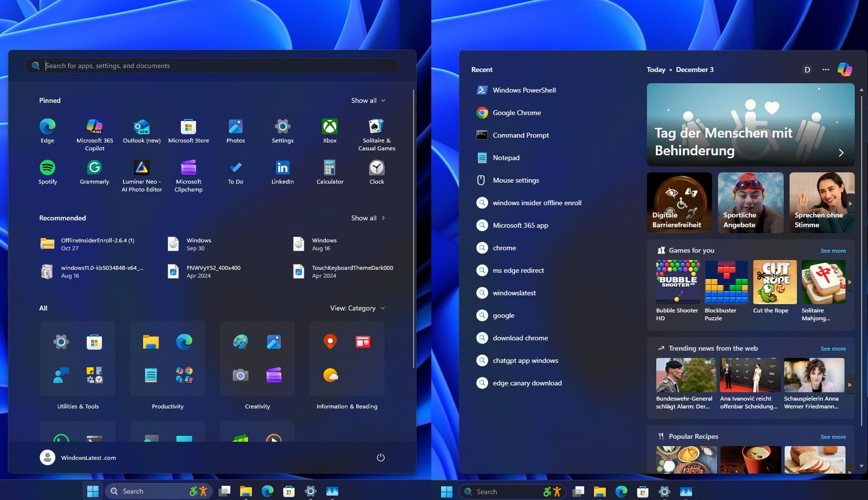 Imagen comparativa de la nueva interfaz de búsqueda de Windows 11