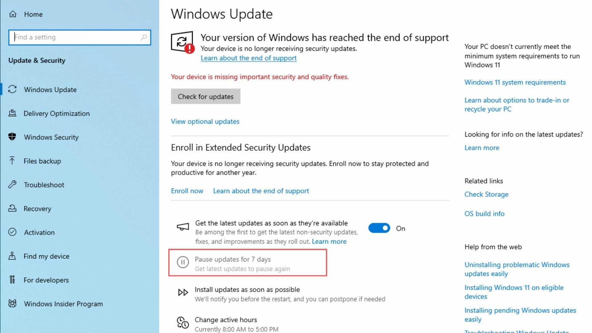 Imagen de Windows Update sin la posibilidad de pausar actualizaciones