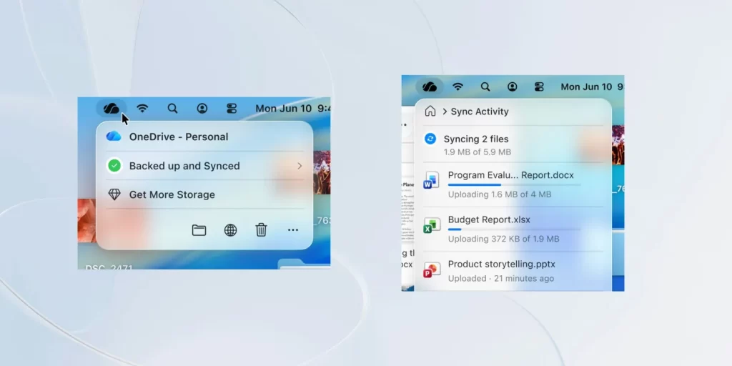 El nuevo activity center de OneDrive en macOS
