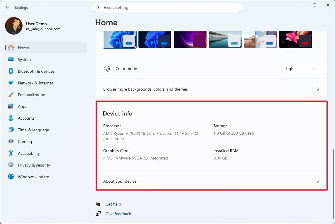 La información del dispositivo en la Configuración de Windows 11