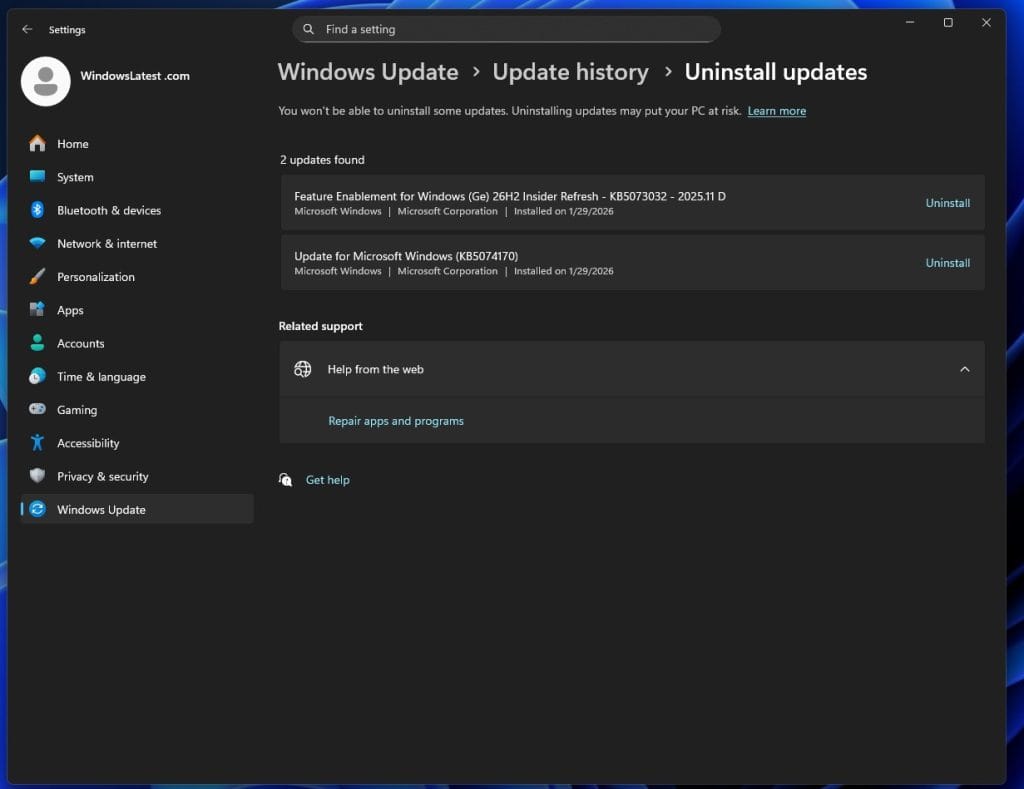 La referencia a Windows 11 26H2