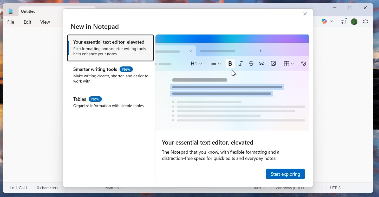 Captura de pantalla del Bloc de Notas de Windows 11 con la cinta de opciones en la parte superior que muestra un icono de imagen anticipando el soporte para imágenes
