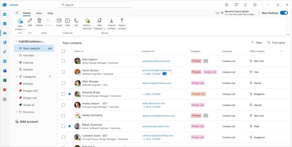 La vista de contactos en Outlook
