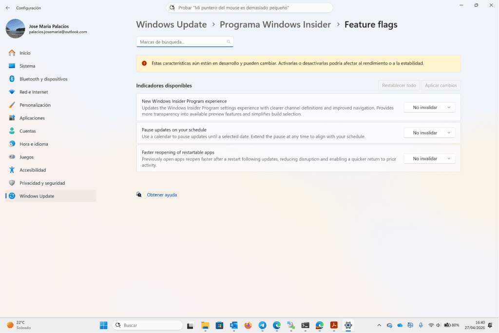 Imagen de los Feature Flags en la app de Configuración de Windows 11