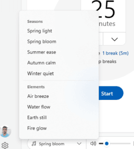 opciones de música en la app de Focus de Windows 11