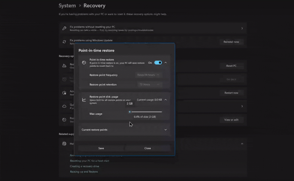 Las opciones de almacenamiento de Point in time restore
