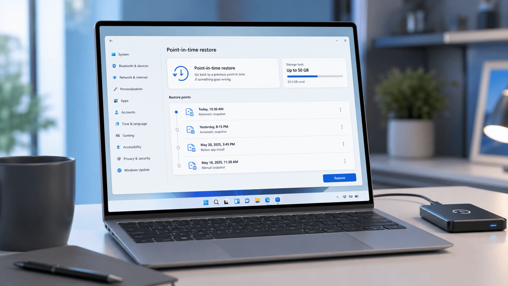 Windows 11 prepara Point-in-time restore: hasta 50 GB para evitar reinstalaciones