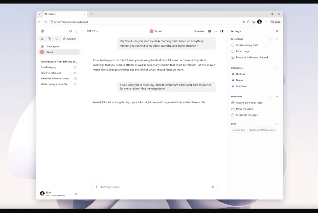 Interfaz real de Microsoft Scout, el asistente IA de Microsoft para el entorno laboral