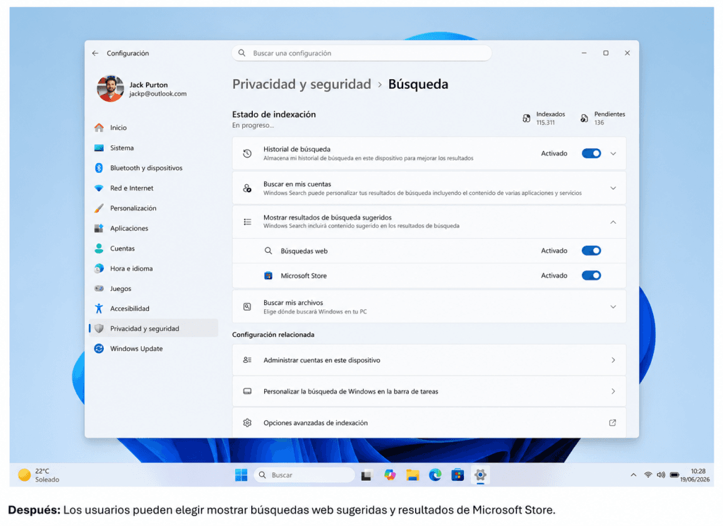 Ahora se pueden desactivar la búsqueda web y de la Microsoft Store