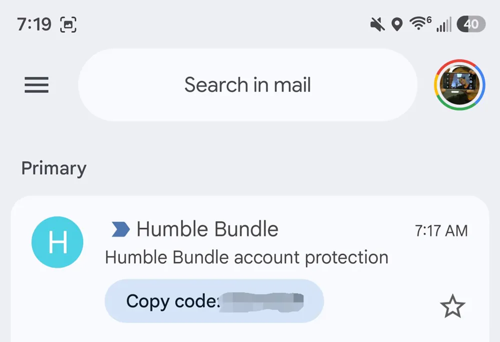 Copiando un código 2FA en Gmail en Android